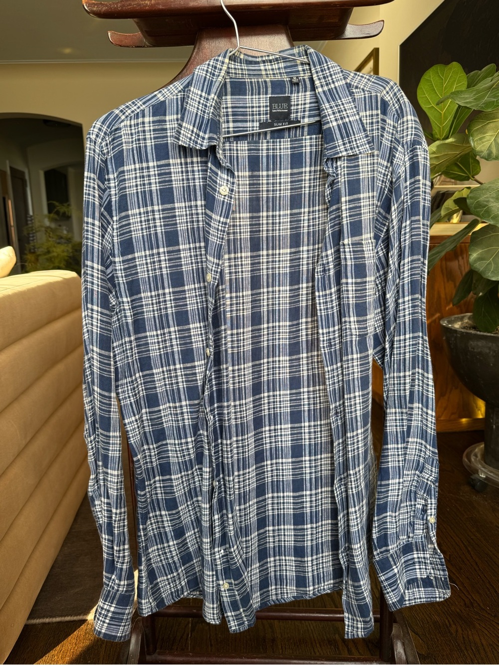 Saks Fifth Avenue Blue Plaid Slim Fit Linen Shirt